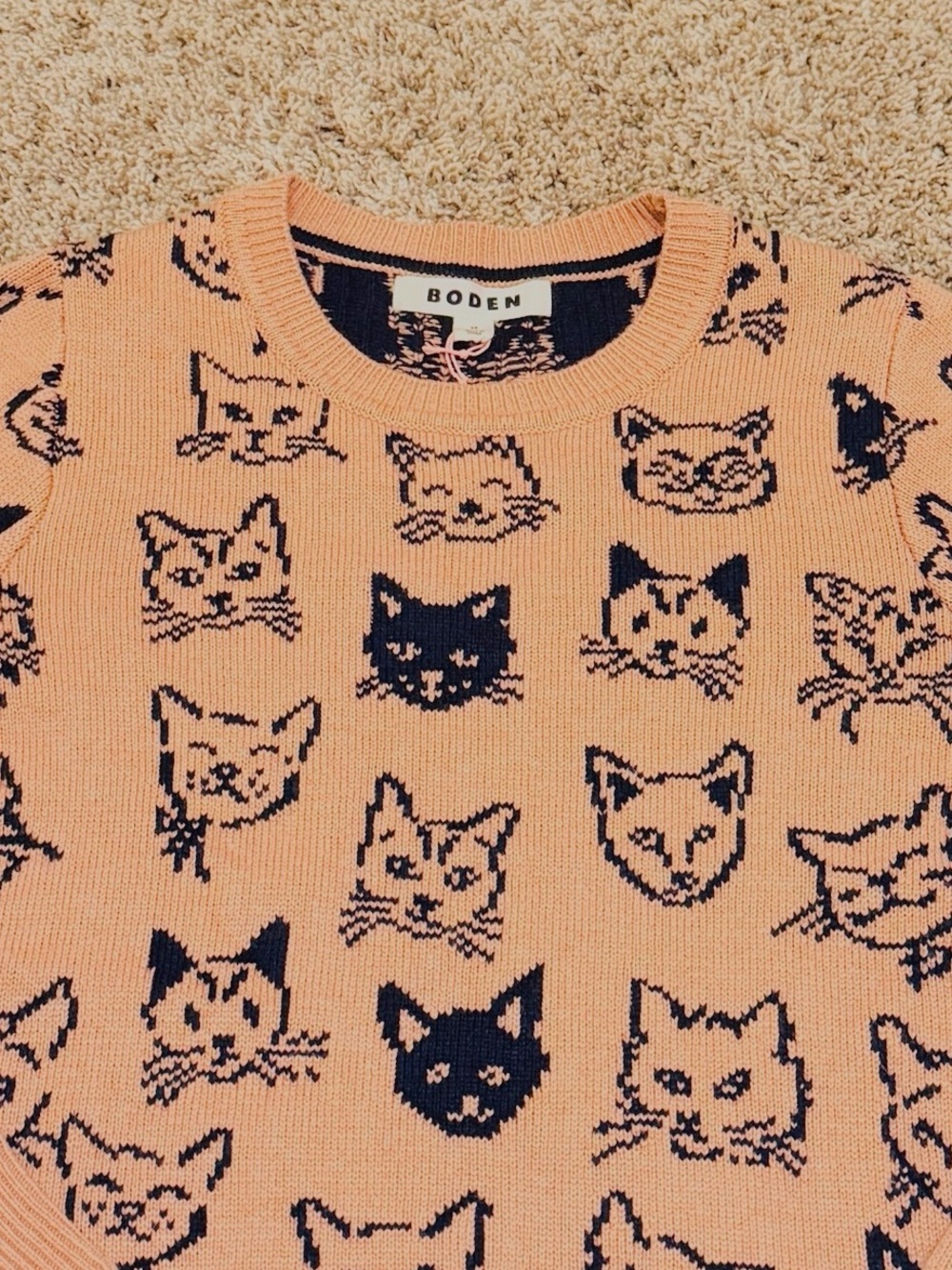 Boden Heather Jacquard Cat Sweater Camel Navy Wool Cashmere XS - Picture 3 of 10